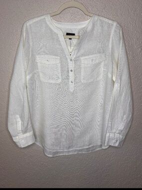 Talbots White Linen Long Sleeve Classic Preppy Summer Top Women's Petite Size M